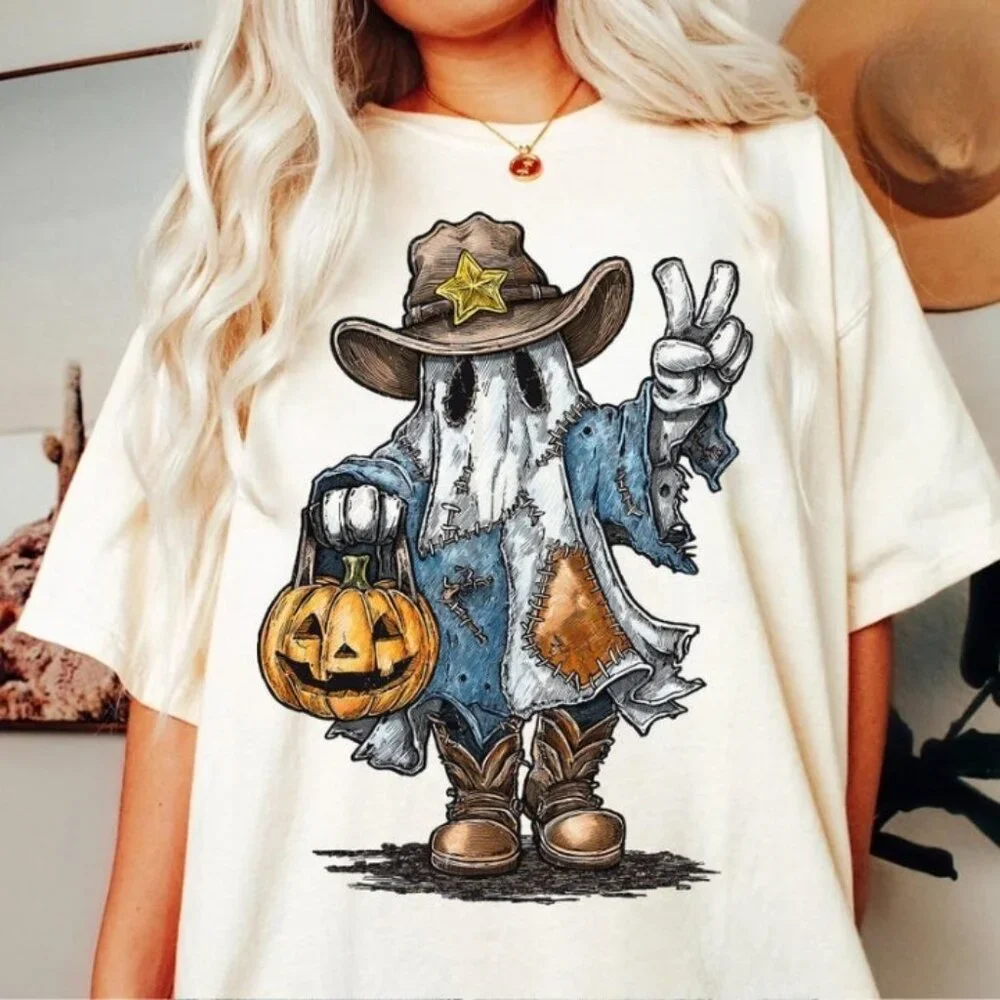 Retro Halloween Cowboy Blue Denim Ghost Tee - Picture 1 of 4